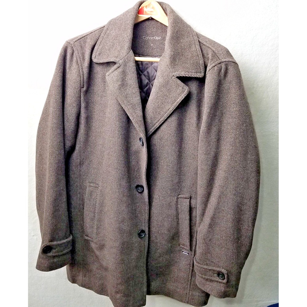 Calvin Klein overcoat men's M tweedy brown wool blend 3 button jacket quilted